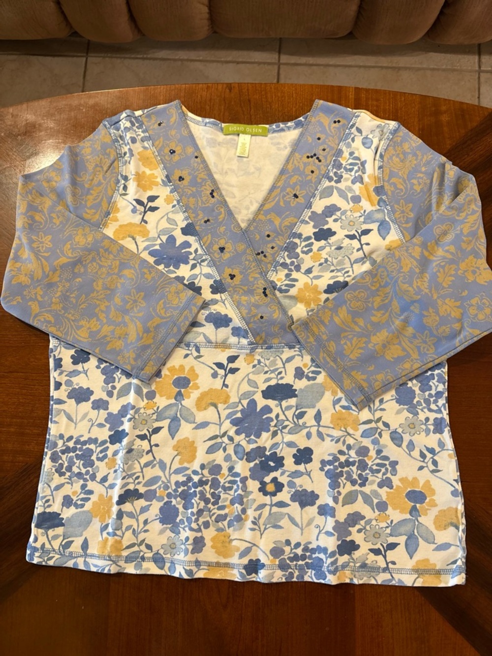 Sigrid Olsen Women’s Blue & Yellow Floral V-Neck Top